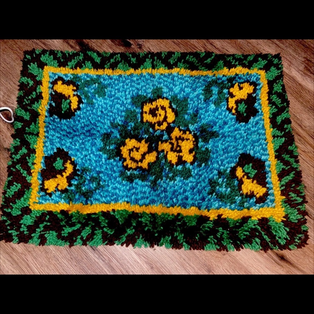 Handmade latch hook Blue & Yellow Floral Shag Accent piece- Home Accents